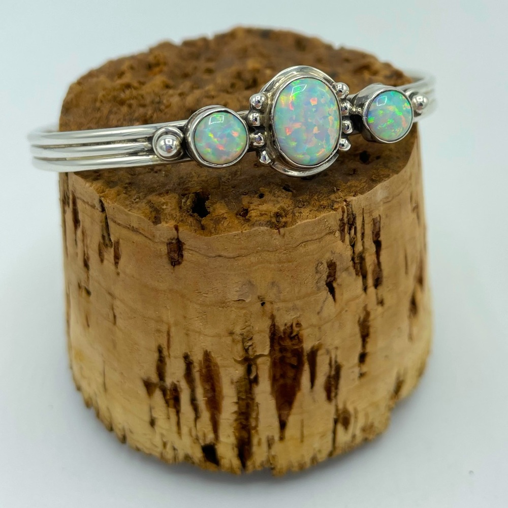 Opal RB Sterling Silver Cuff Bracelet Dainty Women Girl White Gem Holiday